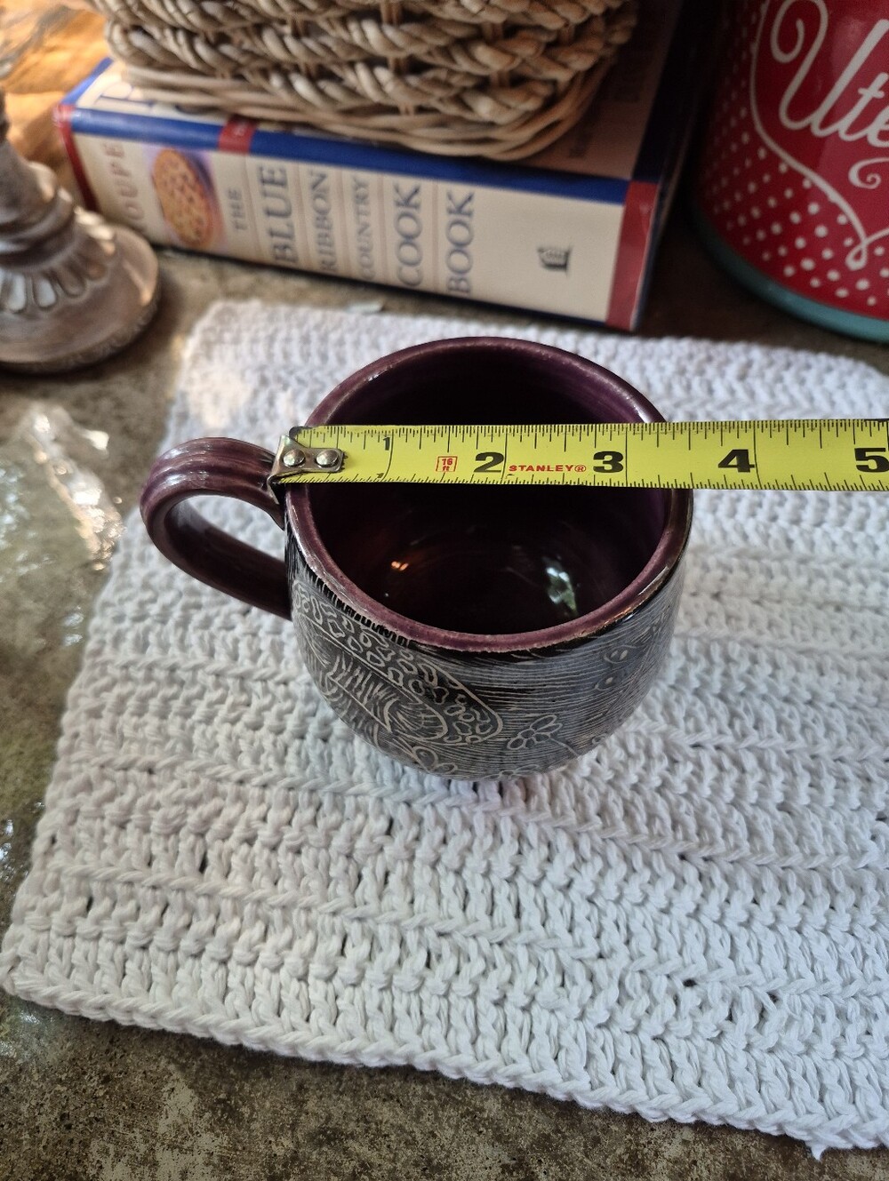 New Sgraffito Mushroom Floral Design Plum-Purple Glazed Handcrafted Signed Mug - Picture 7 of 8